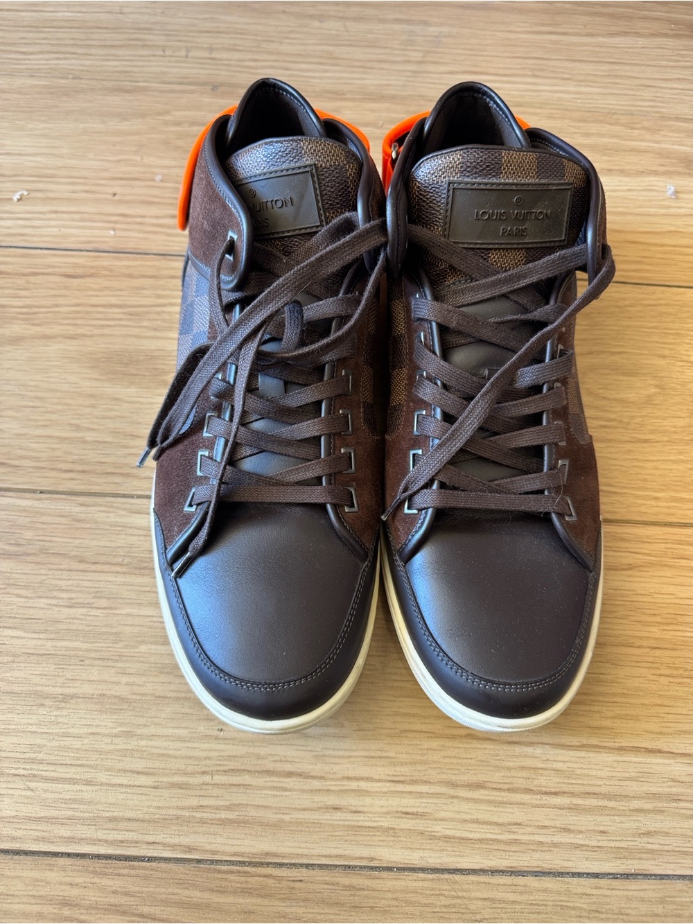 Louis Vuitton Men’s Brown High-Top Sneakers with Orange Heel Tab